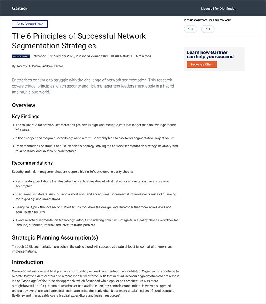 Preview of Gartner report, "The 6 Principals of Successful Network Segmentation Strategies"